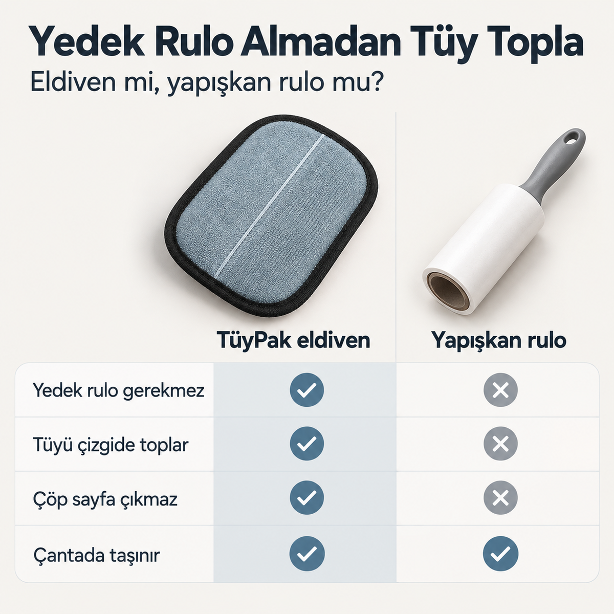 TüyPak eldiven ile yapışkan rulo karşılaştırması: eldivende yedek rulo ve çöp sayfa yok