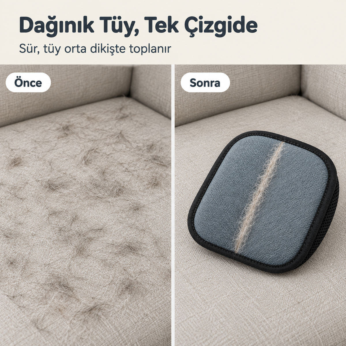 Önce ve sonra: kanepede dağınık evcil hayvan tüyü, eldivenin orta dikişinde toplanmış tüy