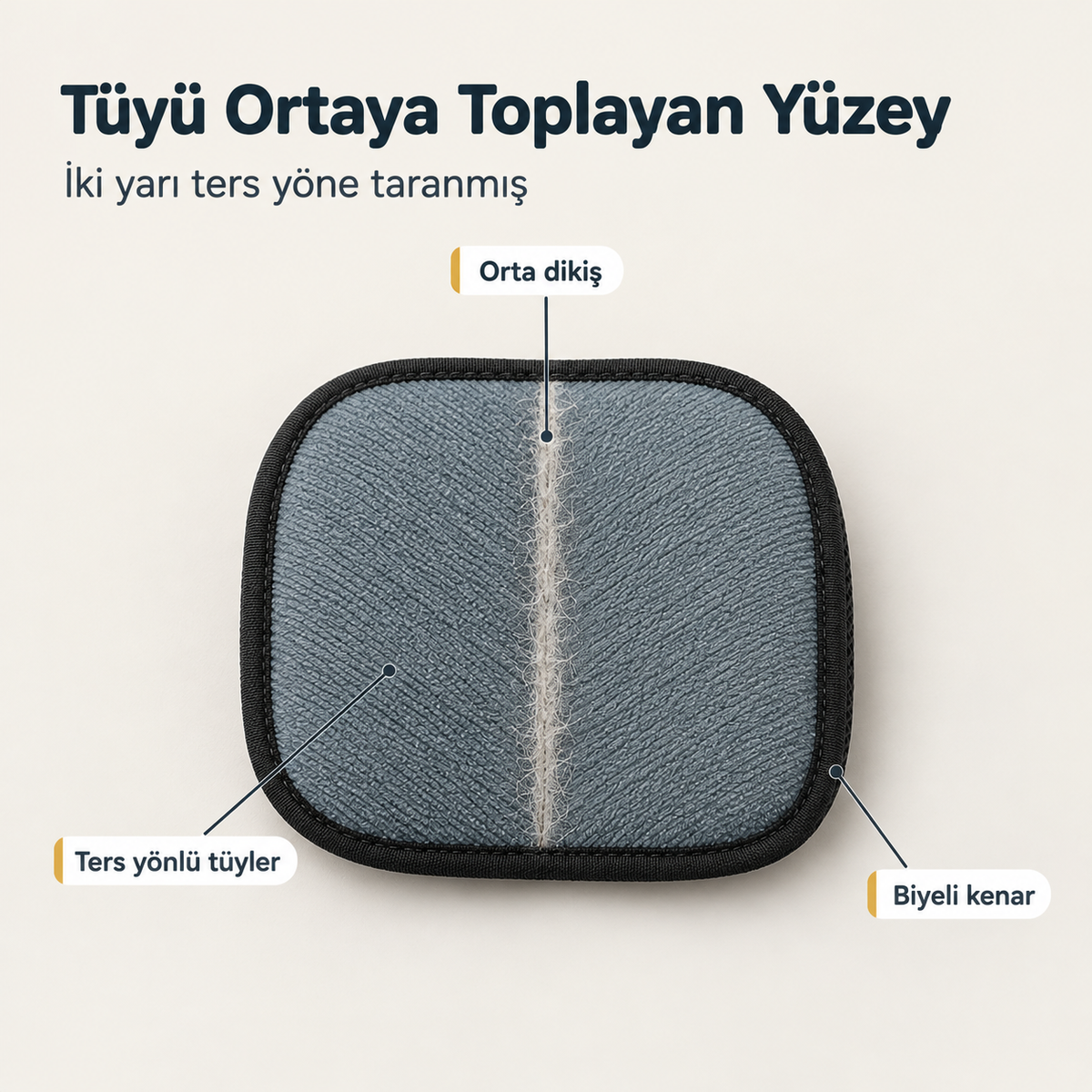 Eldivenin gri çalışma yüzü: ters yönlü tüyler, orta dikiş ve biyeli kenar