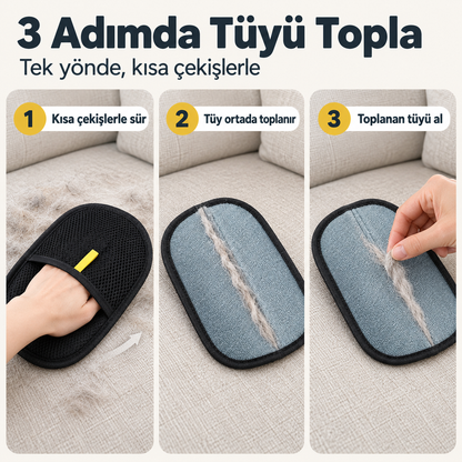 3 adımda kullanım: kısa çekişlerle sür, tüy ortada toplanır, toplanan tüyü parmaklarla al