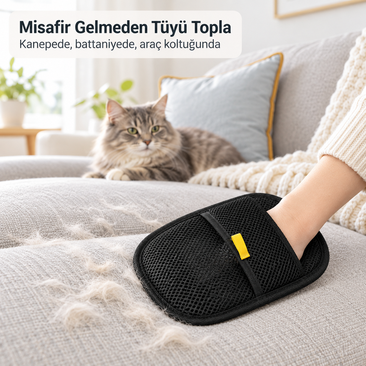 Kanepede kedinin yanında TüyPak eldiveniyle tüy toplayan el